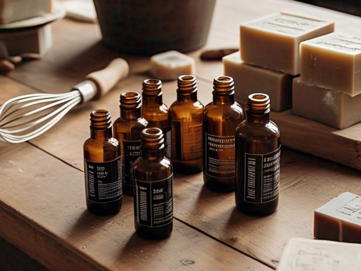 Amber bottles of essential oil sitting on a table