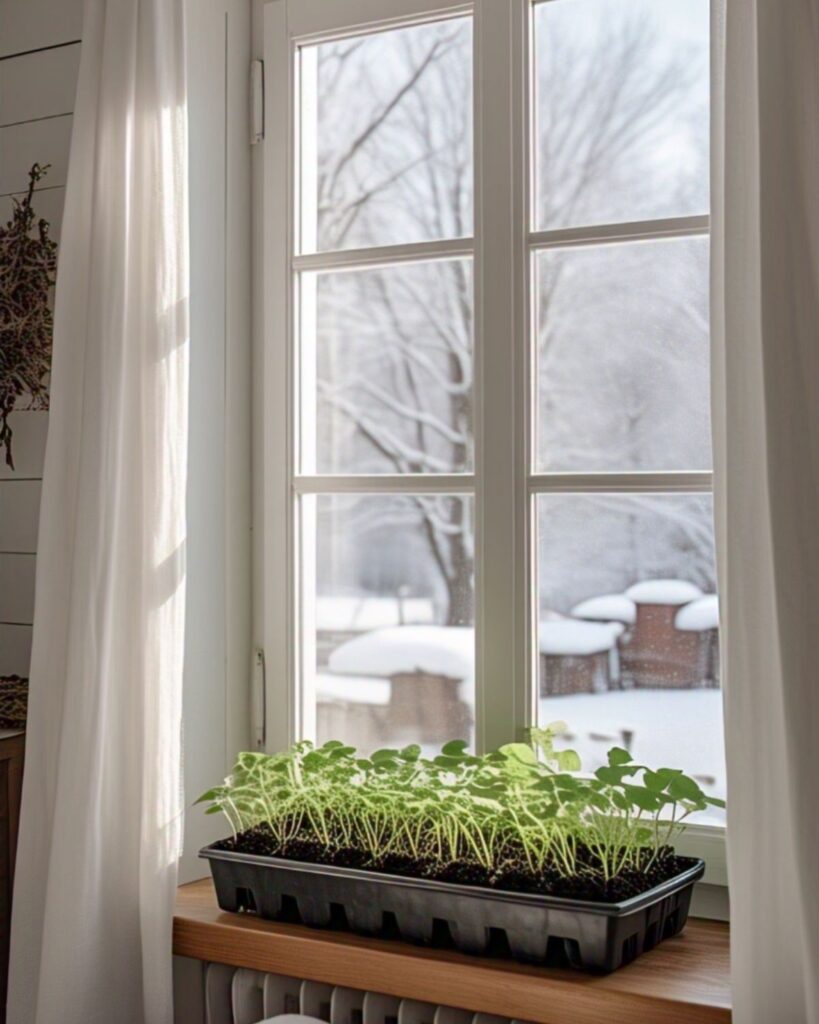 Seedling starts on a window sill with snow outside