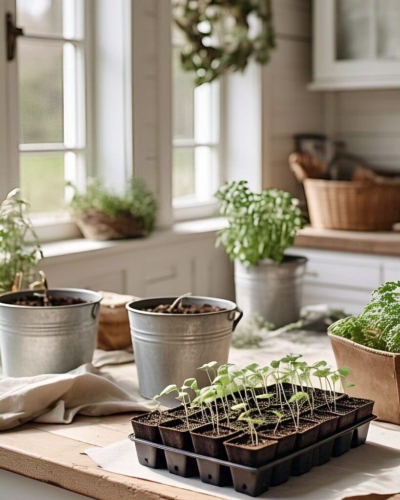 Seedling starts on a kitchen counter