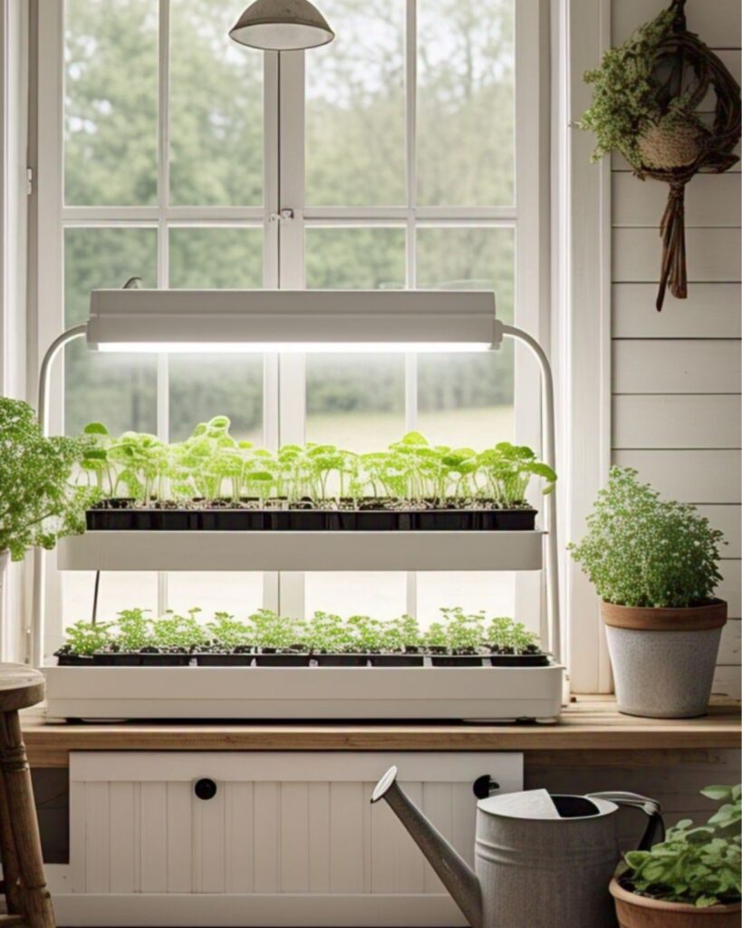 Seedlings under a grow light in front of a window