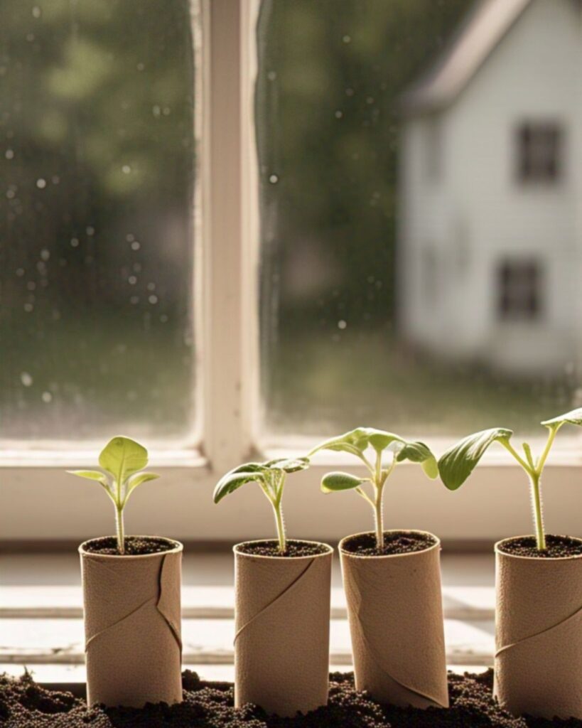 Seedlings in front of a window started with toilet paper tubes
