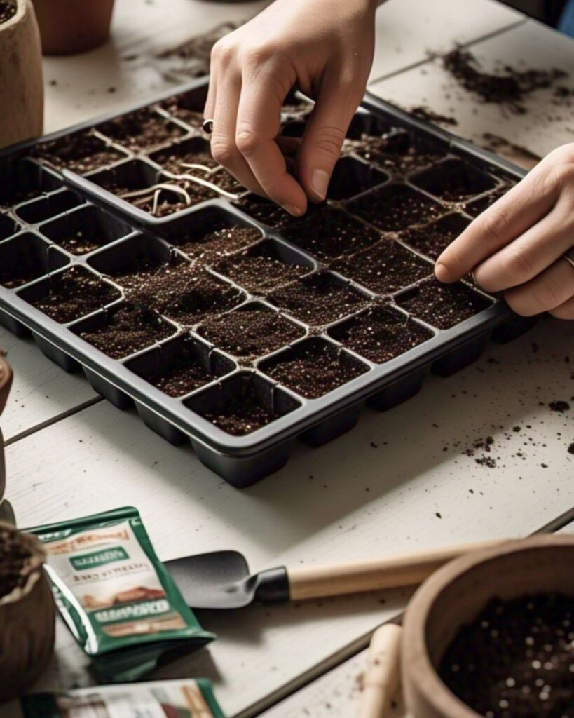 Womans hands planting seeds in seed starting tray