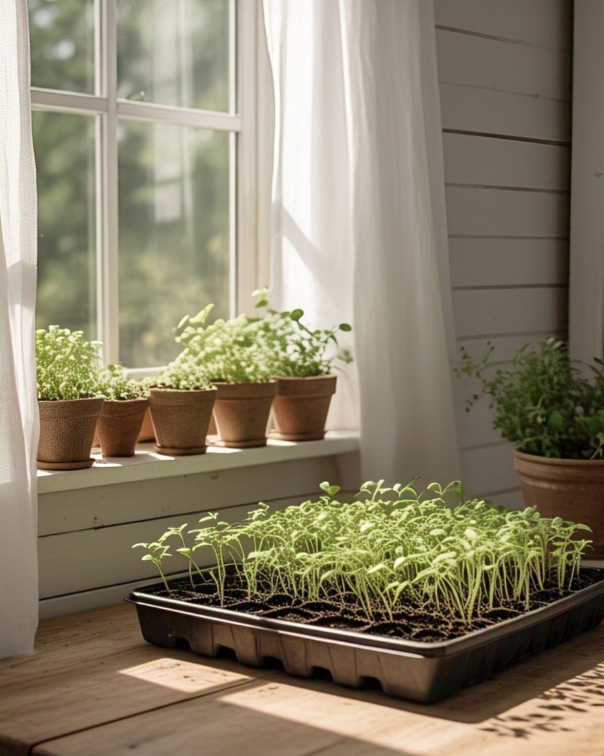 Seed starts on a sunny window sill and table.