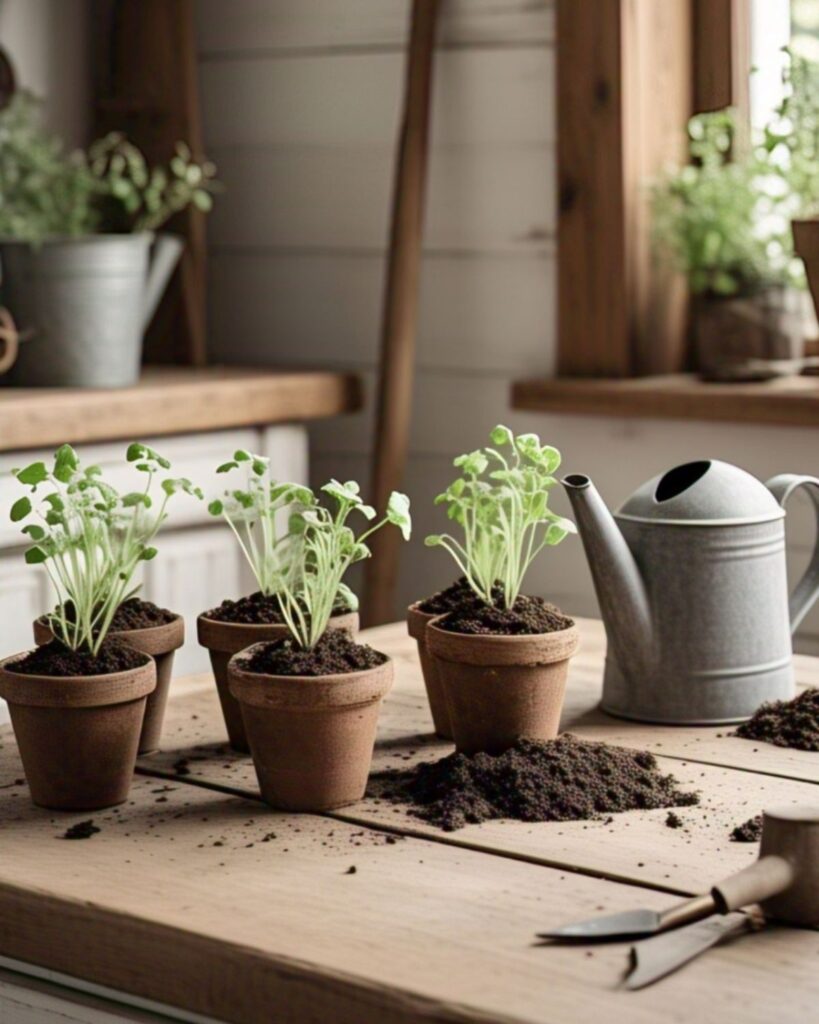Table with terra cotta pots with new seedlings planted in them