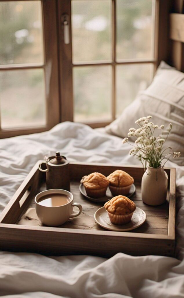 Breakfast tray sitting on a bed