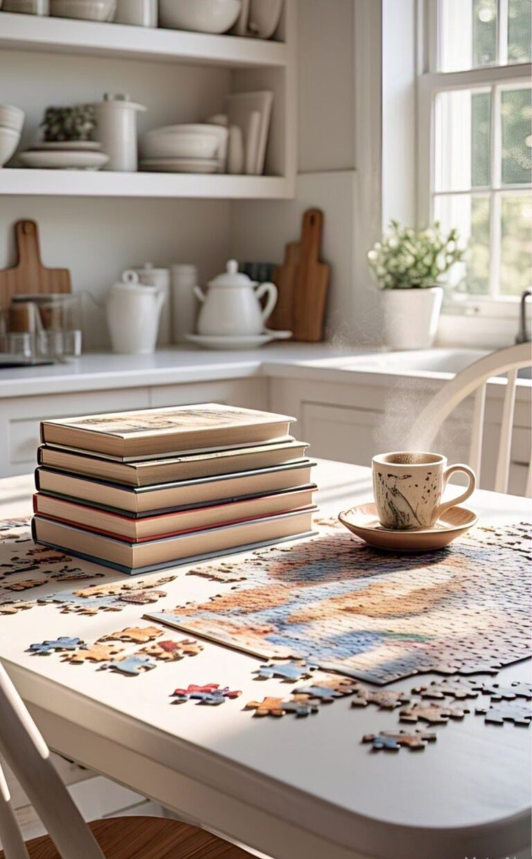 Books, a cup of coffee and a half-worked puzzle on a kitchen table