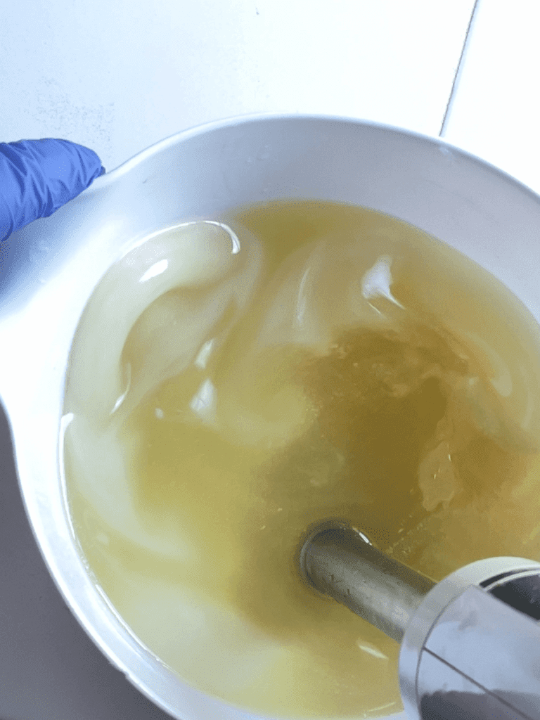 Mixing oil and lye with a stick blender