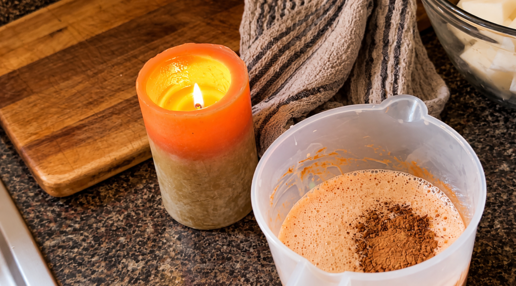 Adding color and spices to handmade goat milk soap batter in a mixing pitcher.