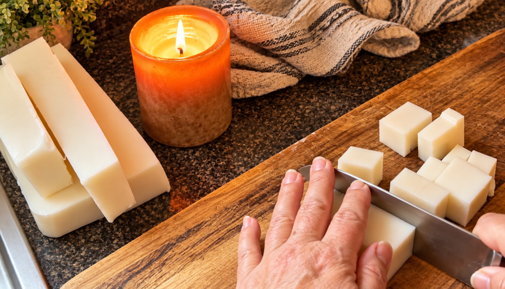 Hands cutting handmade goat milk soap into bars on a wooden cutting board.
