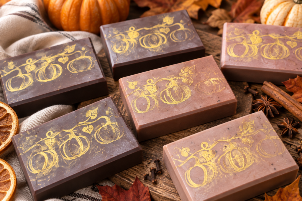 Handmade goat milk soaps with gold pumpkin designs styled with pumpkins, dried oranges, cinnamon, and cloves.