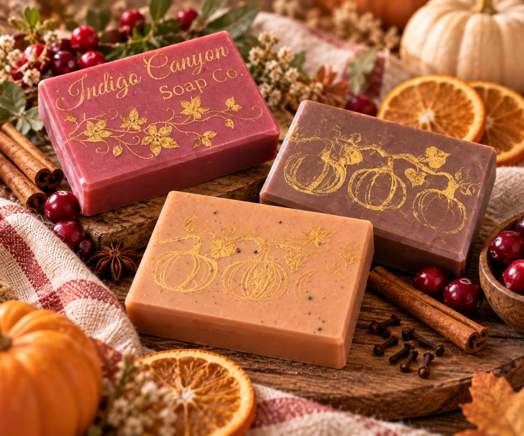 Three handmade fall melt and pour soaps with pumpkins, cranberries, dried orange, cinnamon, and cloves