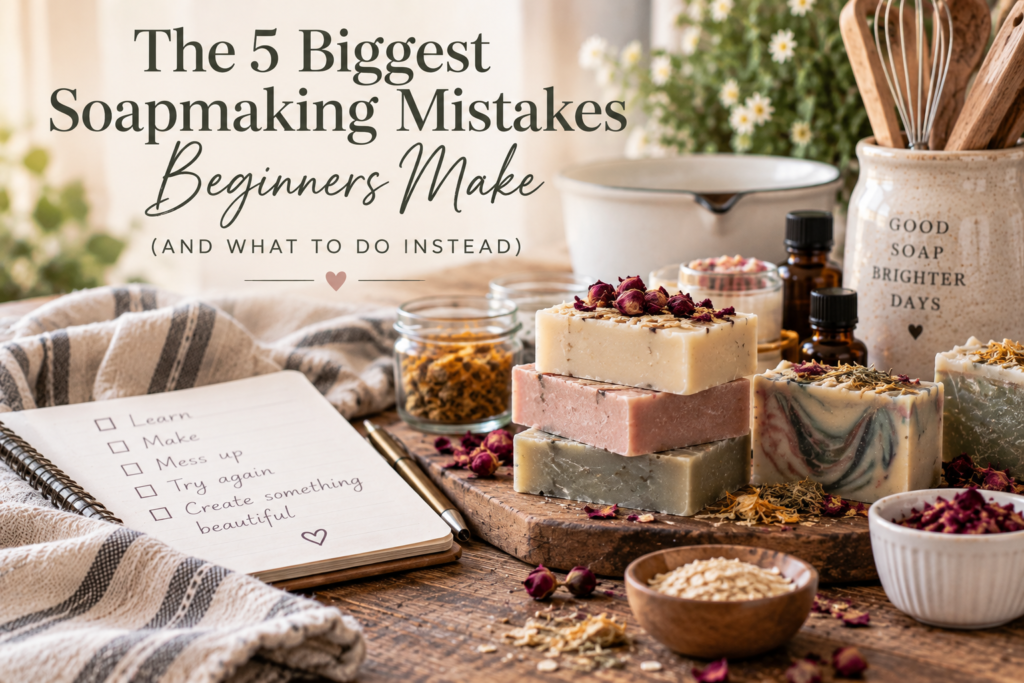 Handmade soap with elaborate colors, botanicals, and designs on a rustic soapmaking worktable