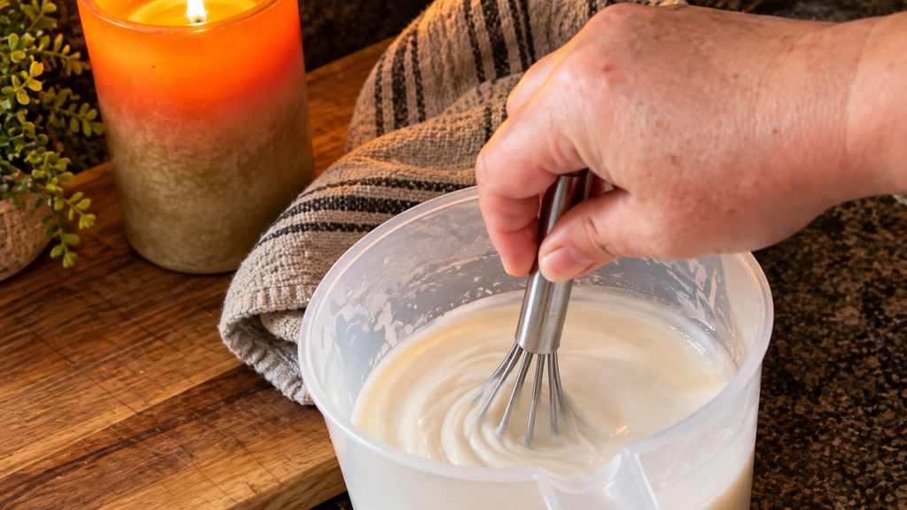 Hand whisking creamy goat milk soap batter in a mixing pitcher on a wooden board.