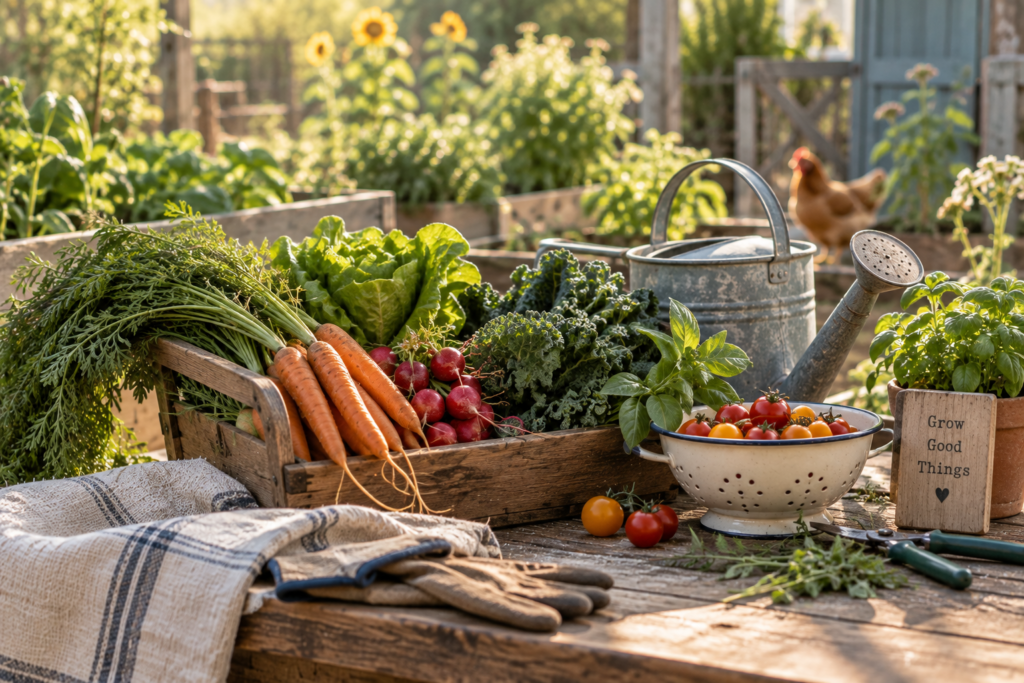 Fresh garden vegetables, herbs, and gardening tools on a rustic wooden table