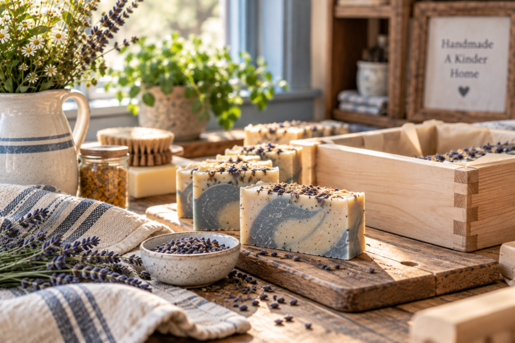 Handmade soap bars with lavender and a wooden soap mold on a farmhouse worktable