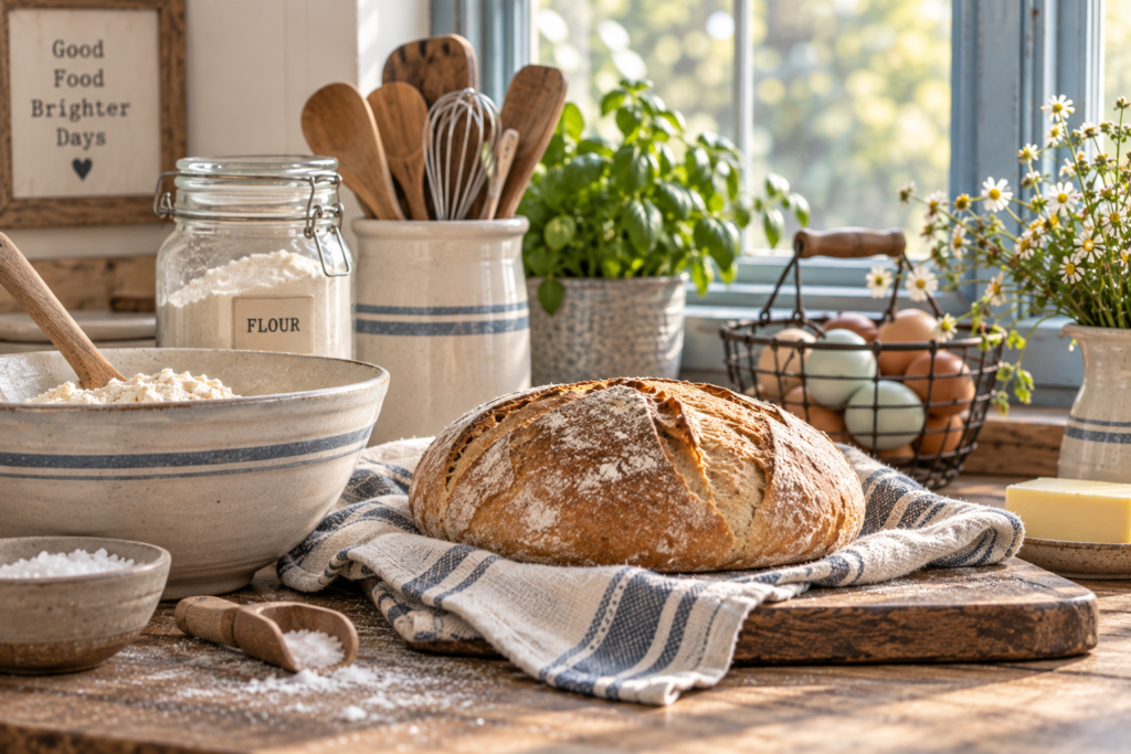 Fresh homemade bread, flour, eggs, and kitchen tools on a farmhouse table