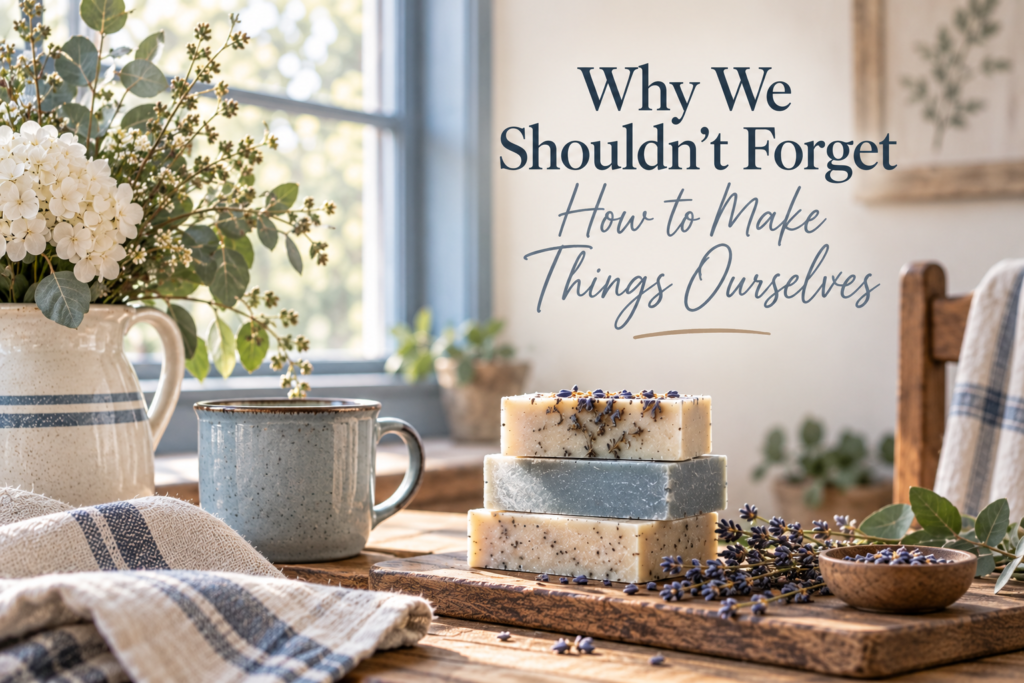 Rustic farmhouse scene with handmade soap, lavender, linen, and simple living decor