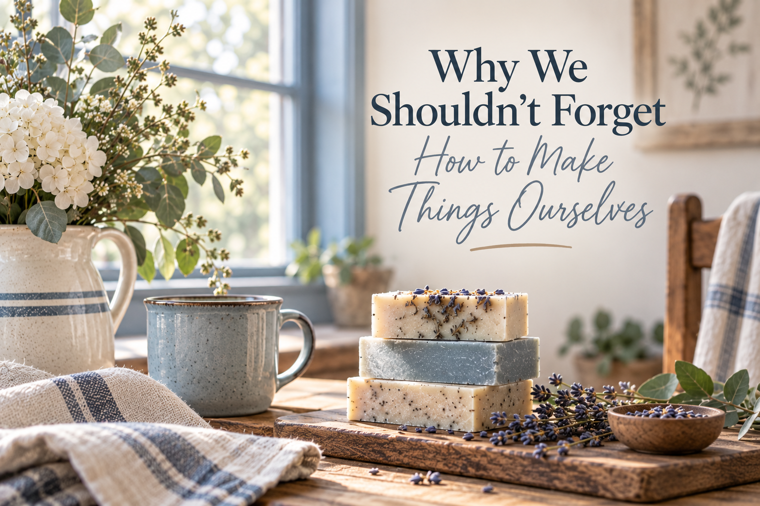 Rustic farmhouse scene with handmade soap, lavender, linen, and simple living decor