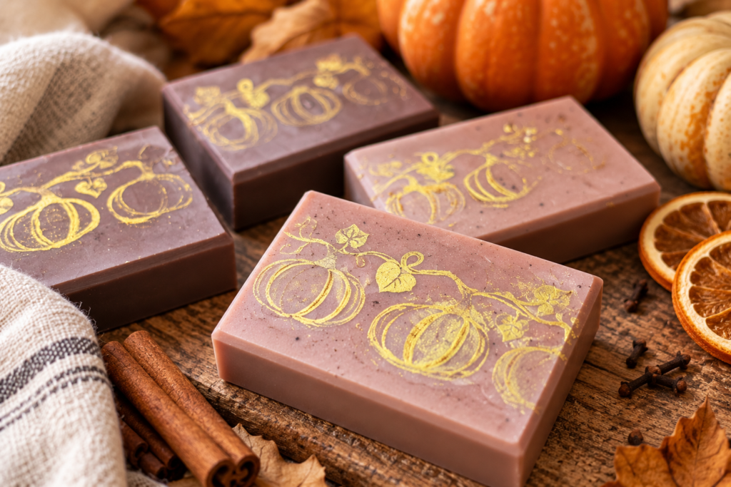 Handmade goat milk soaps with gold pumpkin designs in warm autumn colors.