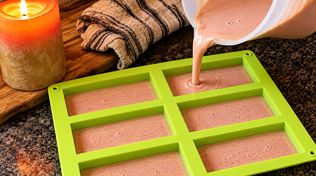 Pouring pink goat milk soap batter into a rectangular silicone soap mold.
