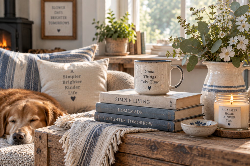 Cozy farmhouse scene with a mug, books, handmade decor, flowers, and a sleeping dog