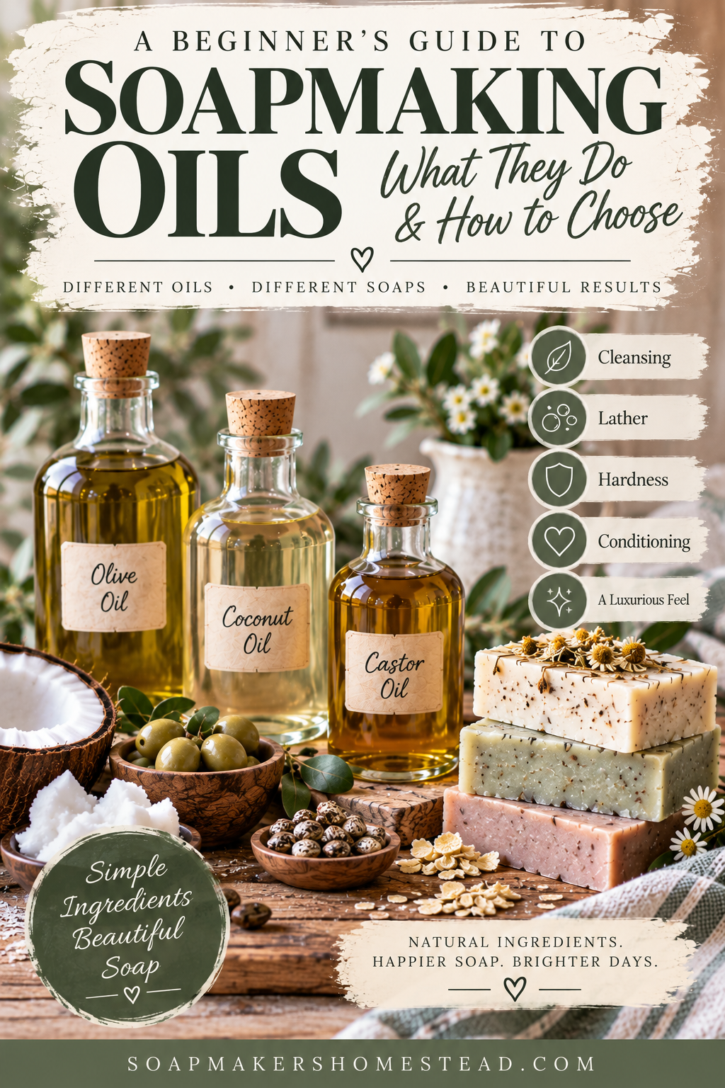 Soapmaking oils and natural ingredients arranged on a rustic farmhouse worktable with handmade soap bars.
