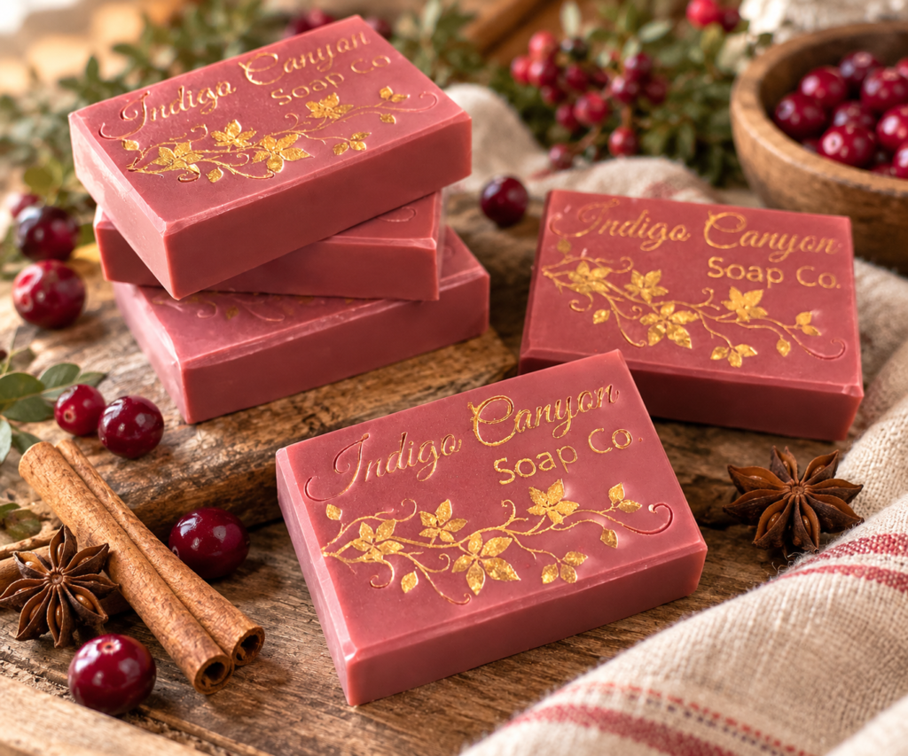 Handmade spiced cranberry melt and pour soap bars decorated with gold botanical designs