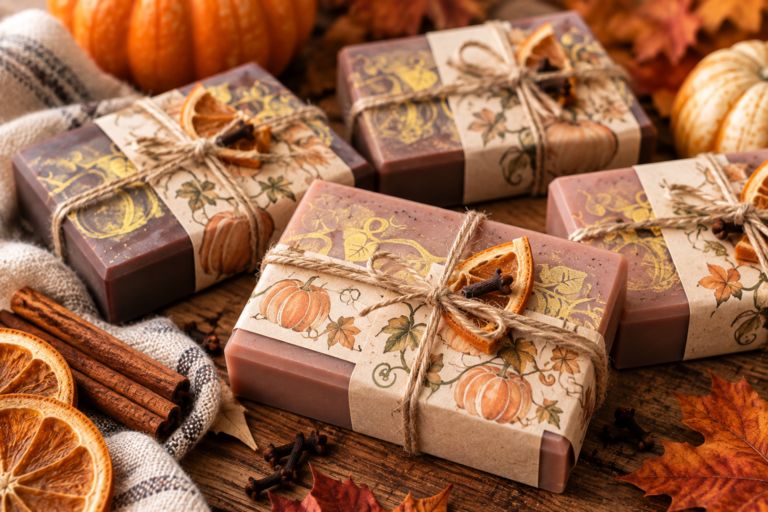 Wrapped handmade goat milk soaps decorated with autumn pumpkins, dried orange, cloves, and twine on a rustic wooden table.